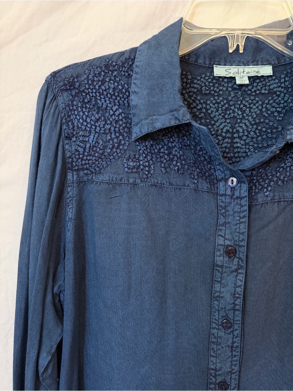 Solitaire Embroidered Chambray Earthy Tunic Blouse | Blue Rayon